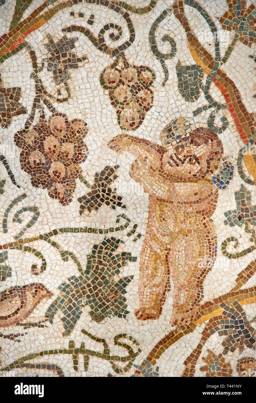 Dettaglio di un mosaico romano raffigurante design Silenus e amorini che mostra gli Amorini tra vigneti, dalla casa di Sienus, antica città romana di Thysdrus. Foto Stock