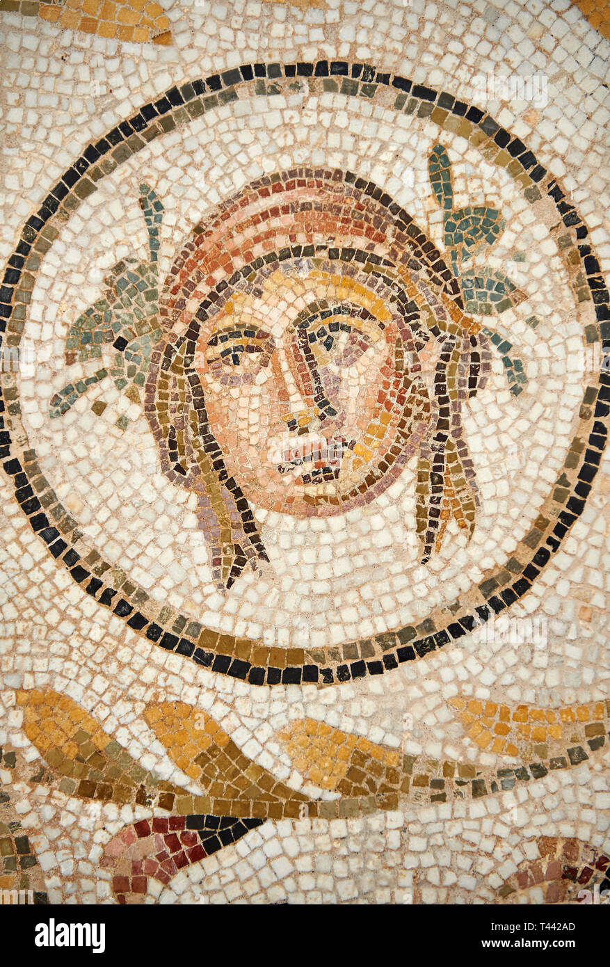 Immagine di un romano Dionysiac design mosaici raffiguranti maschere e uccelli, dall'antica città romana di Thysdrus. Iii secolo D.C., casa di Sileno. El D Foto Stock