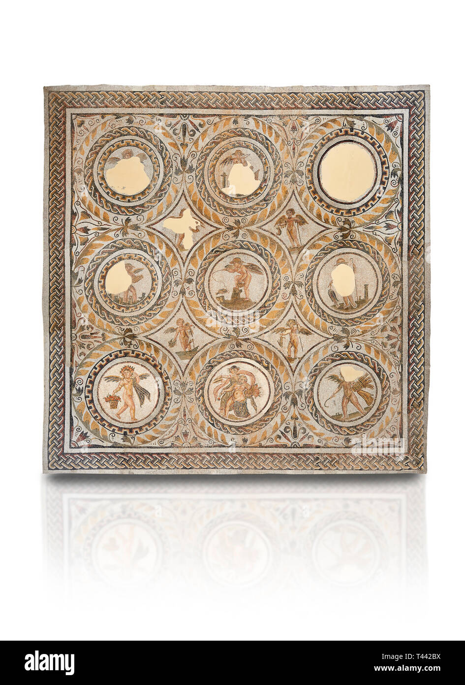 Foto di mosaici romani disegno raffigurante Sileno pesca e amorini, dall'antica città romana di Thysdrus. Iii secolo D.C., casa di Sileno. El Foto Stock