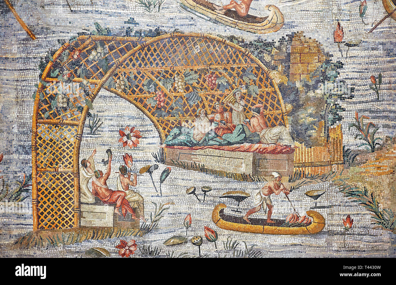Dettaglio foto di una canoa sul Nilo allagato il Nilo dal famoso Roman nilotica Ellenistico Romano paesaggio Palestrina mosaico o il mosaico del Nilo di Foto Stock