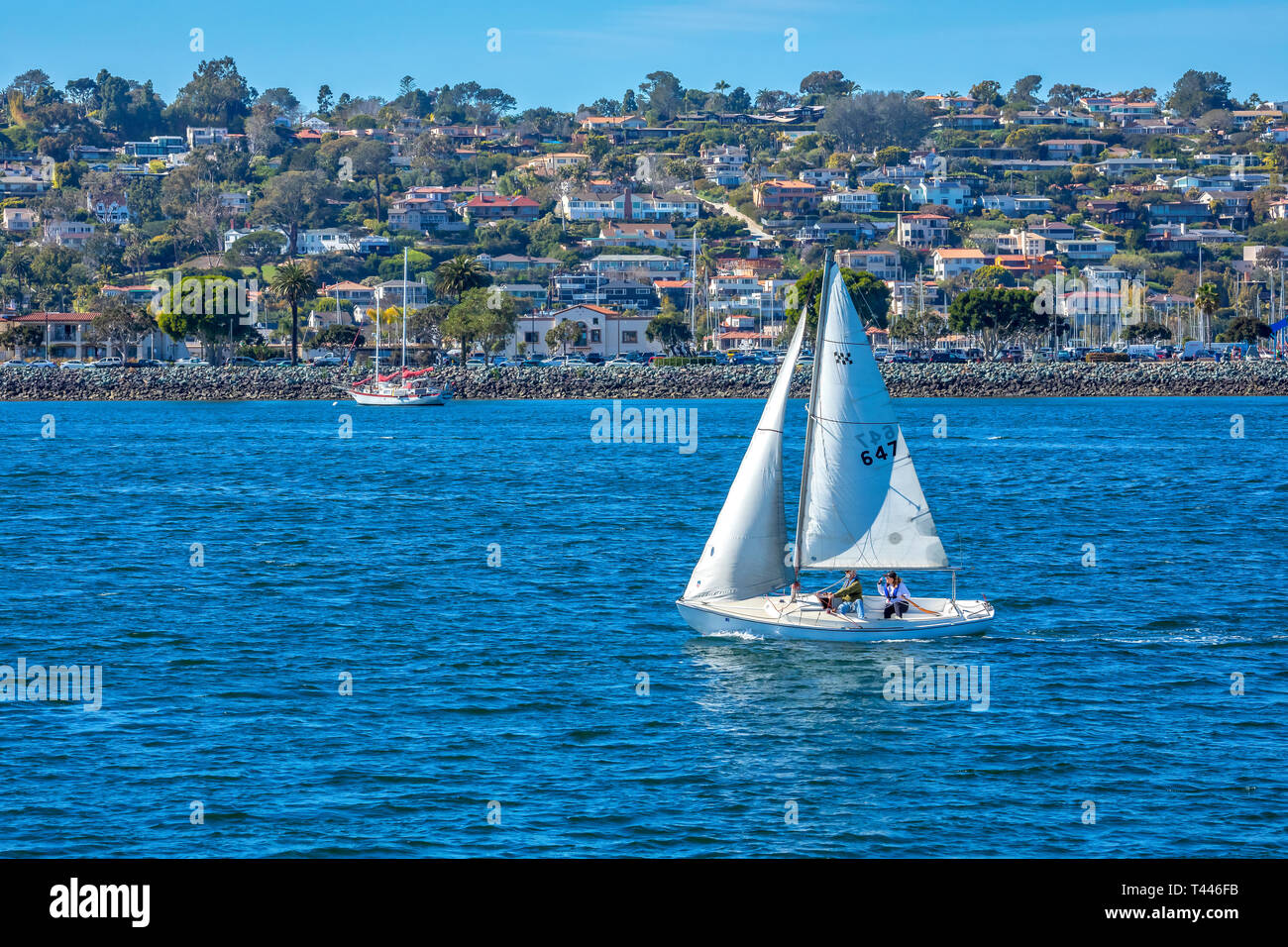 Barca a vela scivolando lungo la baia di San Diego, California Foto Stock