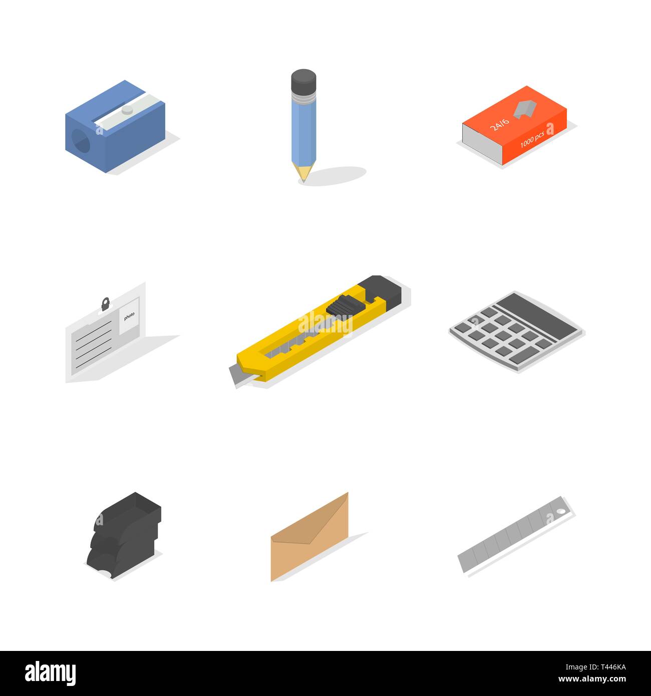 Set di icone isolati su sfondo bianco, l'ufficio e la scuola. Appartamento 3D isometrica stile, illustrazione vettoriale. Illustrazione Vettoriale