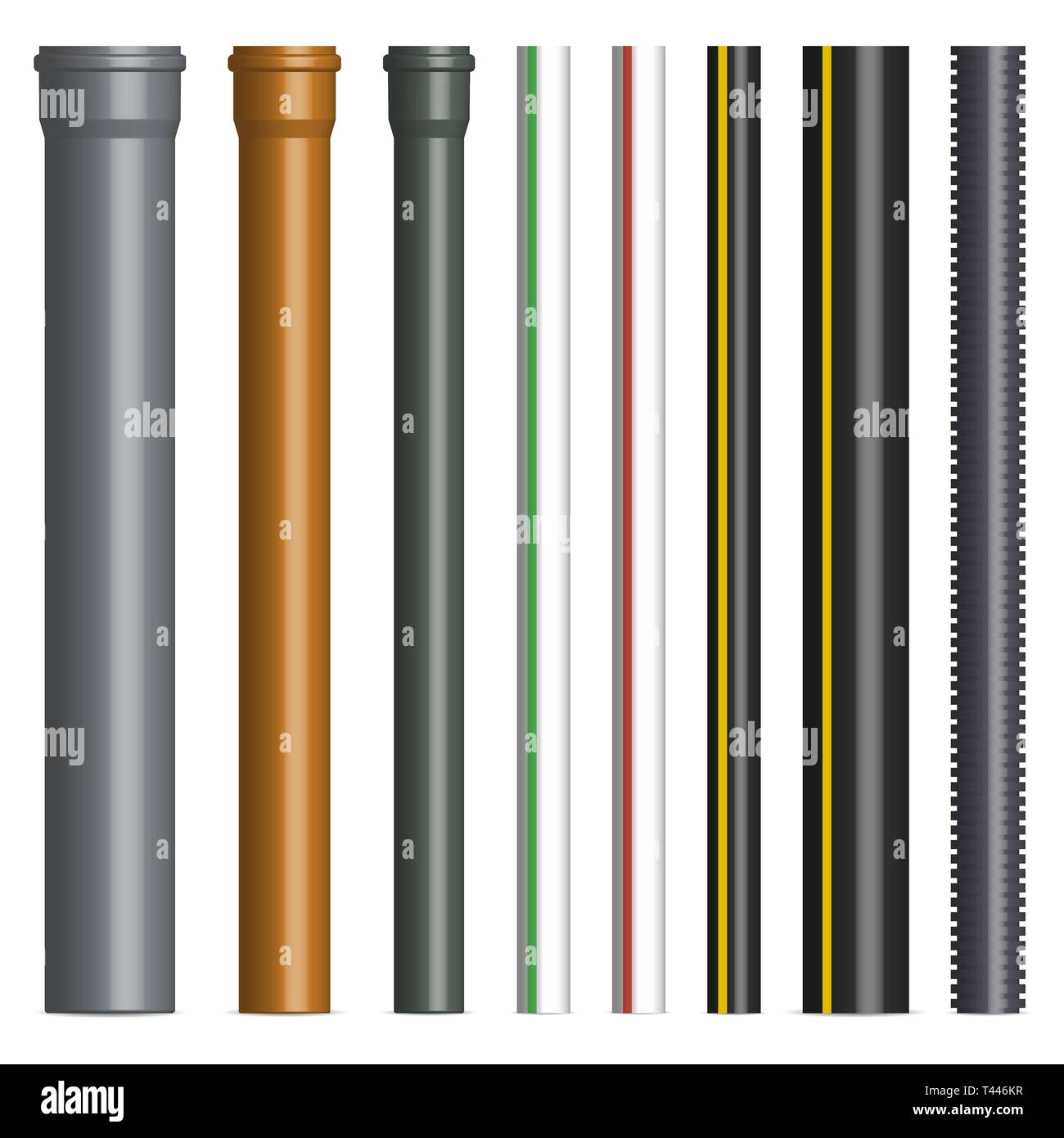 Set di vari tubi di plastica per fognatura, gas e acqua tubo isolato su sfondo bianco. Vista frontale, illustrazione vettoriale. Illustrazione Vettoriale