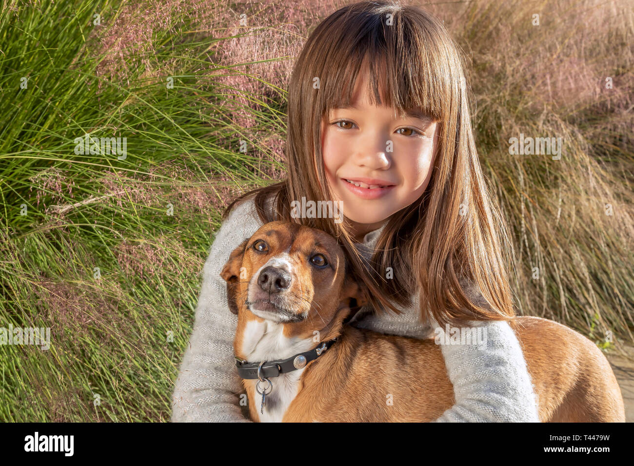 7 anno vecchia ragazza con il suo cane nel parco Foto Stock