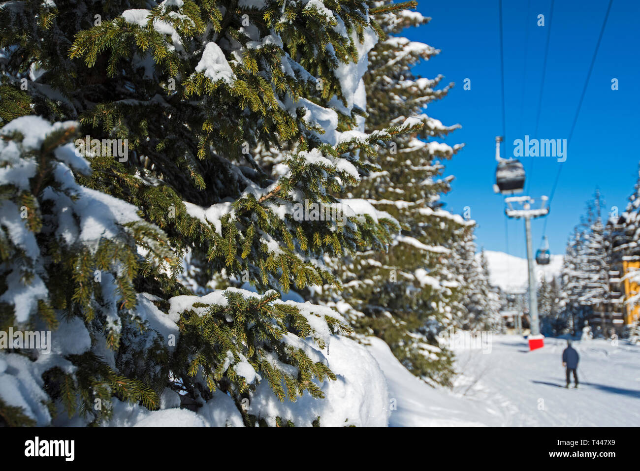 Vista panoramica di una coperta di neve delle piste da sci e gli alberi in una località alpina con funivia sollevare e hotel Foto Stock