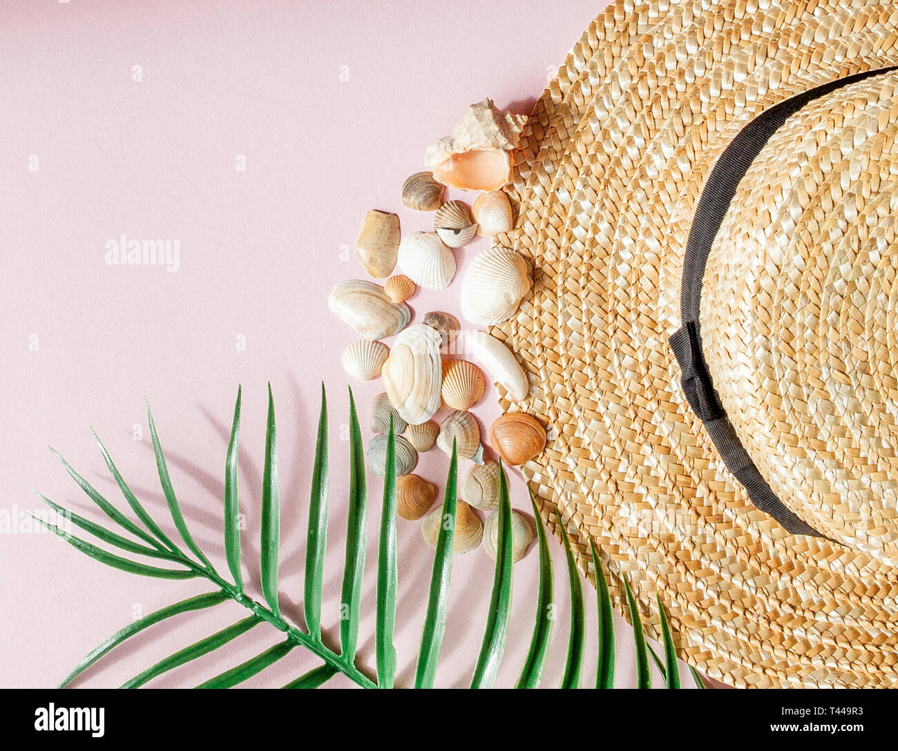 Vacanze estate sfondo. L'estate tropicale concetto con donna accessori moda, foglie e conchiglie su sfondo giallo. Appartamento laico, vista dall'alto. Foto Stock