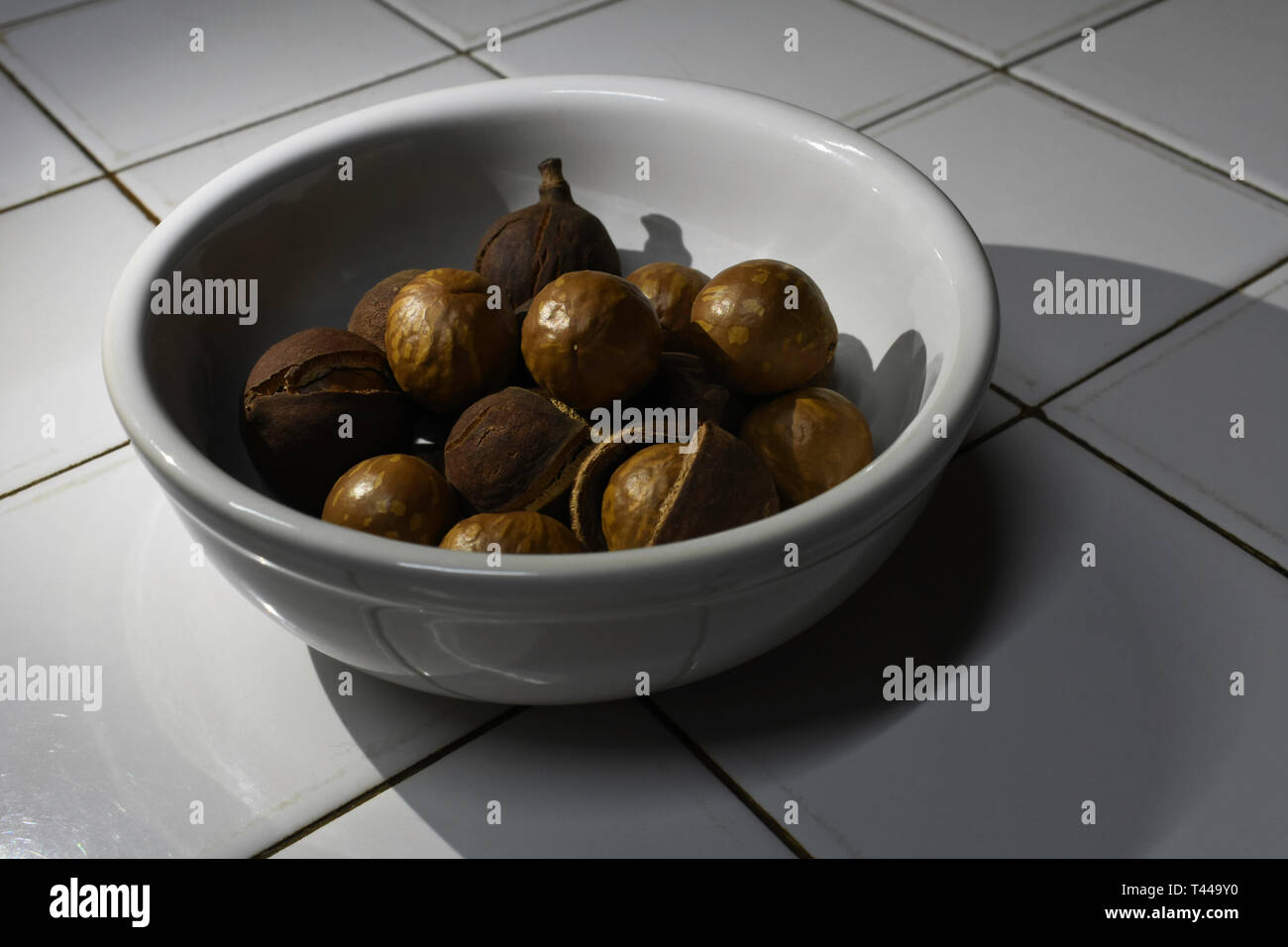 Fresh macadamia Noci in una ciotola Foto Stock