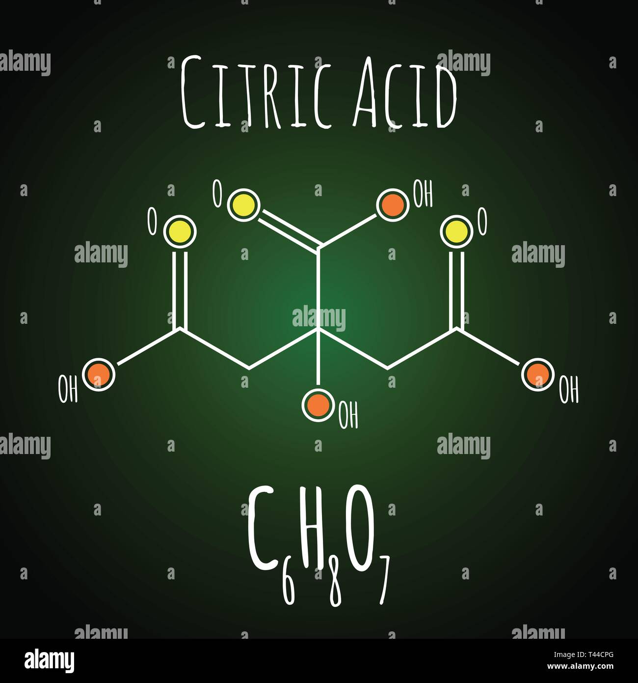 Acido citrico scheletro strutturale di formula chimica su sfondo scuro Illustrazione Vettoriale