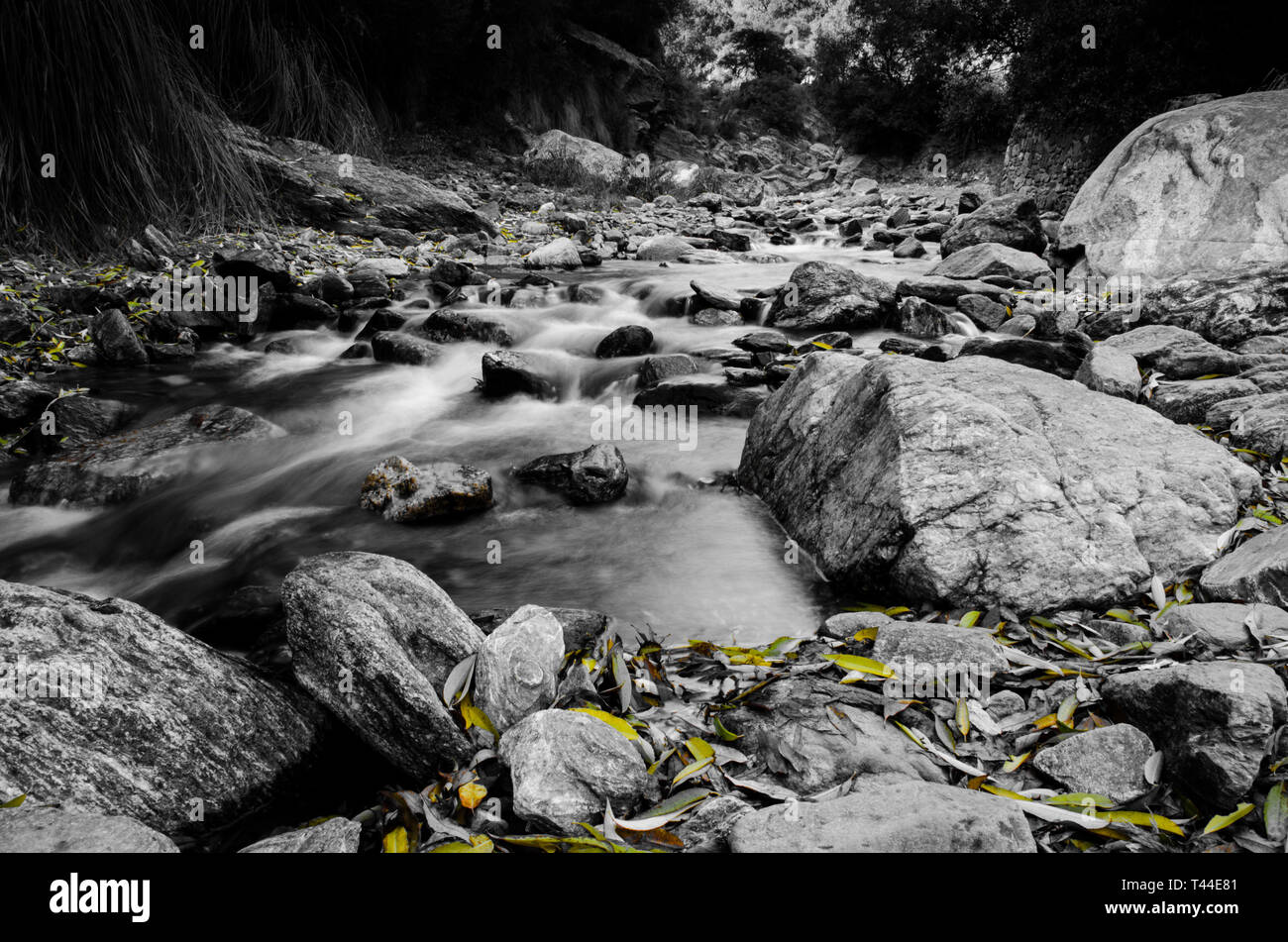 Esposizione a lungo fiume e rocce girato in bianco e nero con acqua liscia Foto Stock