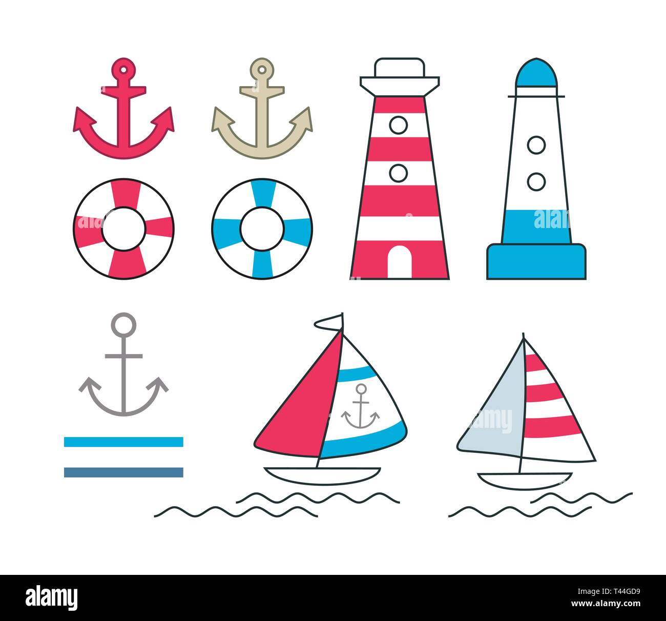 Insieme di vettori di simboli nautici. Immagine scalabile. Illustrazione Vettoriale