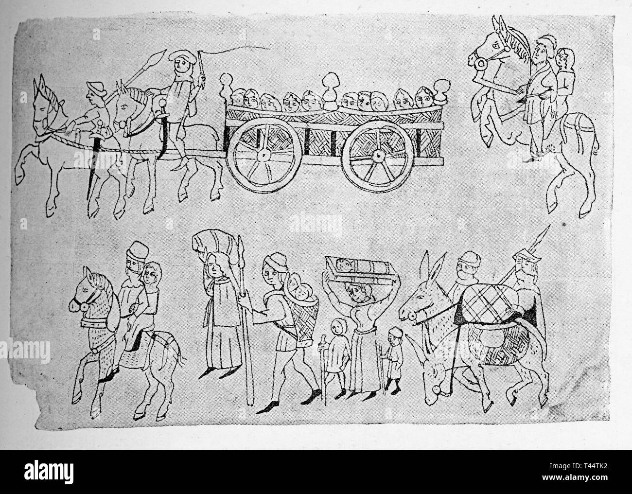 Disegno medievale che descrive una processione di contadini che viaggiano su strada a piedi o a cavallo o in carrozza probabilmente al mercato a vendere le merci che portano con loro Foto Stock