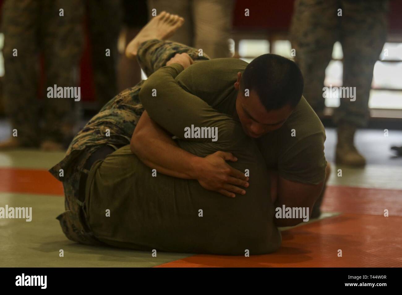 Stati Uniti Marines con III MEF Gruppo di informazioni hanno gareggiato in una varietà di attività sportive durante il 2019 Commander's Cup su Camp Hansen, Okinawa, in Giappone, 22 febbraio, 2019. Il comandante il Cup è un evento progettato per la creazione di unità e coesione il morale della truppa fra III MIG Marines. Gli eventi del giorno incluso alle prese, Tug-of-War, relè per le gare e gli altri sport. Foto Stock
