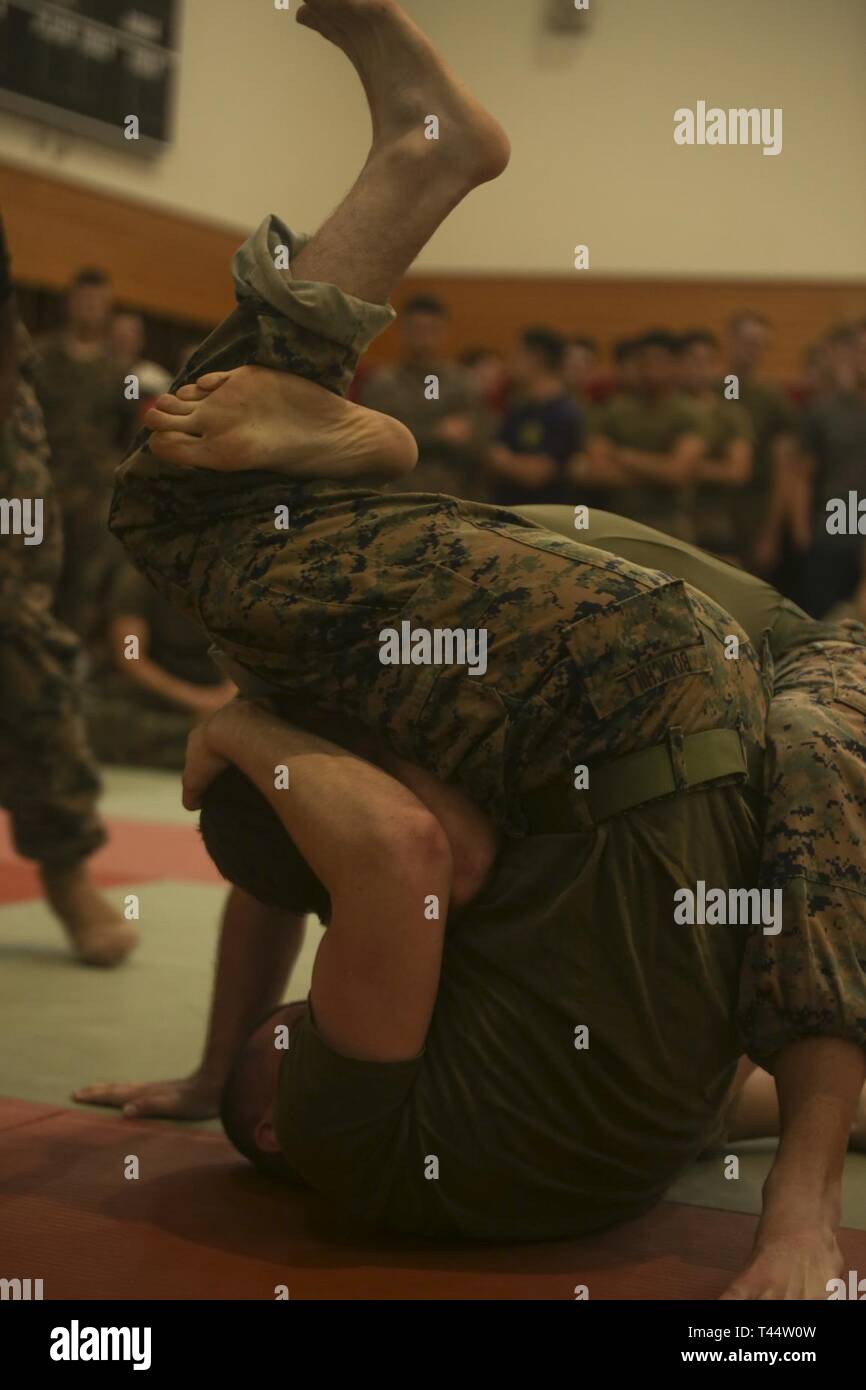 Stati Uniti Marines con III MEF Gruppo di informazioni hanno gareggiato in una varietà di attività sportive durante il 2019 Commander's Cup su Camp Hansen, Okinawa, in Giappone, 22 febbraio, 2019. Il comandante il Cup è un evento progettato per la creazione di unità e coesione il morale della truppa fra III MIG Marines. Gli eventi del giorno incluso alle prese, Tug-of-War, relè per le gare e gli altri sport. Foto Stock