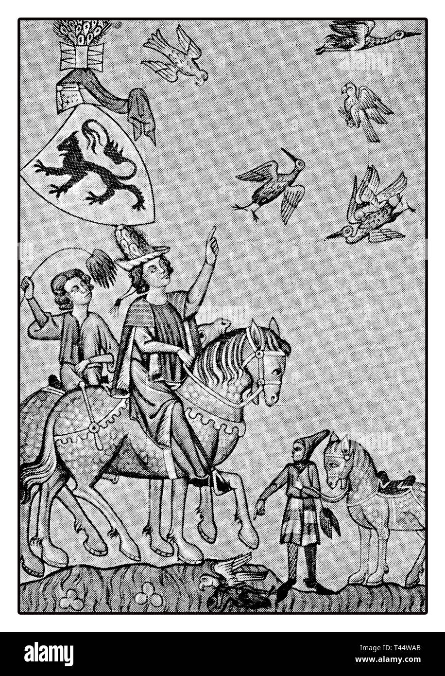 Il vecchio disegno che descrivono la vita del cavaliere in tempi di Hohenstaufen, una dinastia di re tedesco nel Medioevo Foto Stock