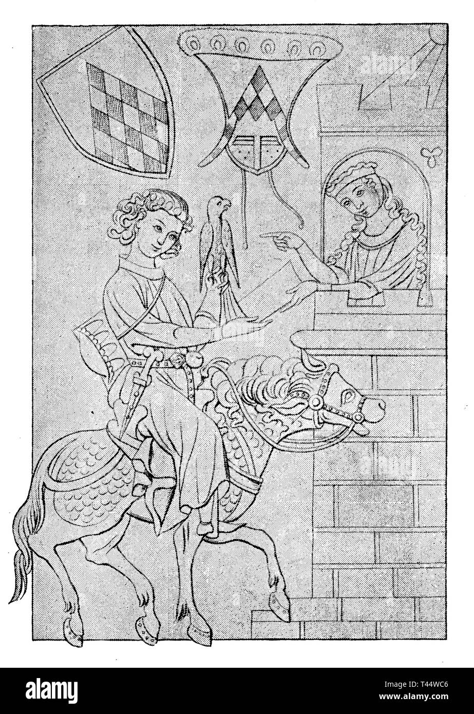 Il vecchio disegno che descrive il cavaliere, e l'amor cortese la vita nei tempi di Hohenstaufen, una dinastia di re tedesco nel Medioevo Foto Stock