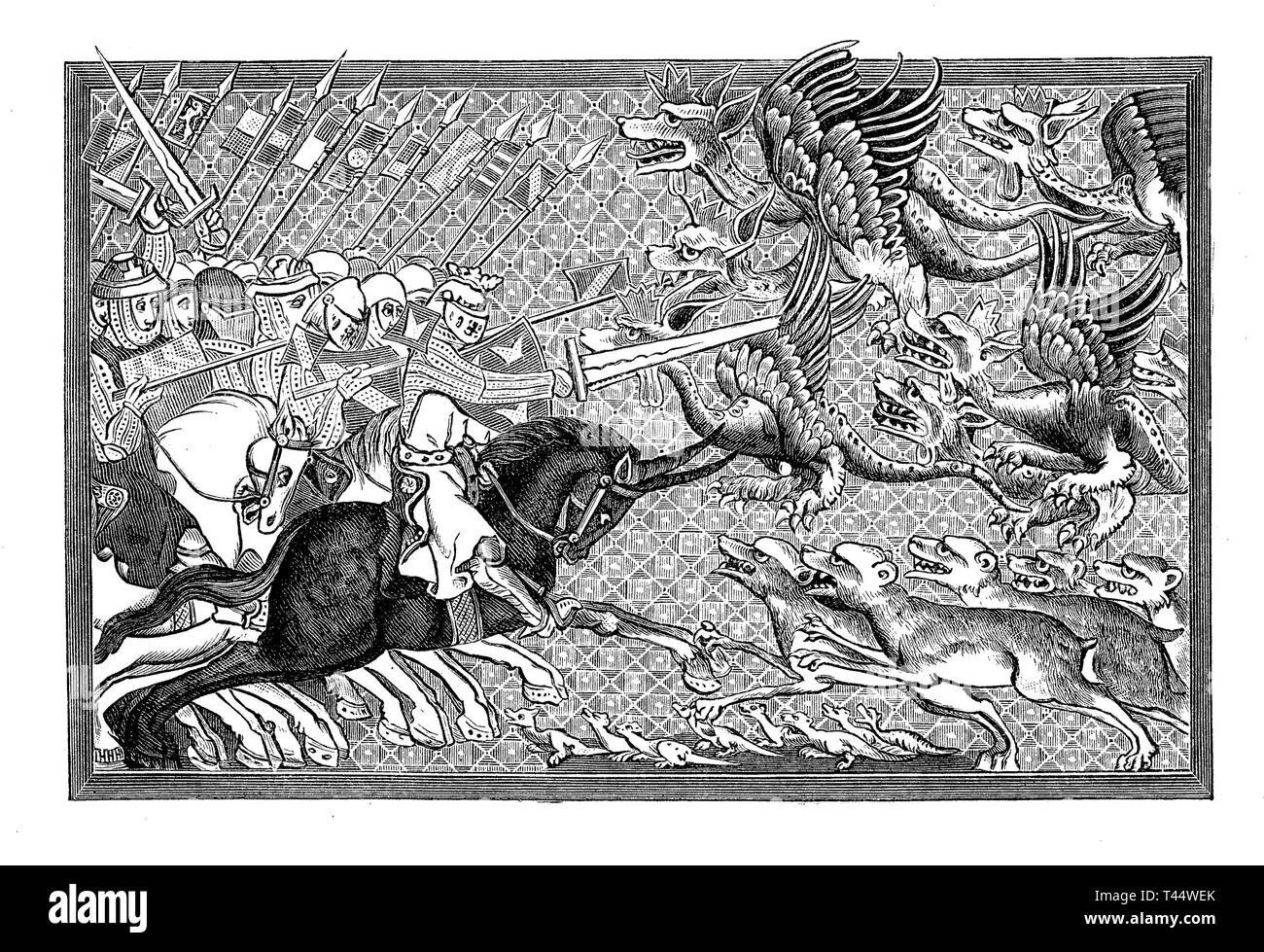 Alessandro il Grande in battaglia con draghi e altri animali fantastici, dopo una miniatura del XIII secolo Foto Stock