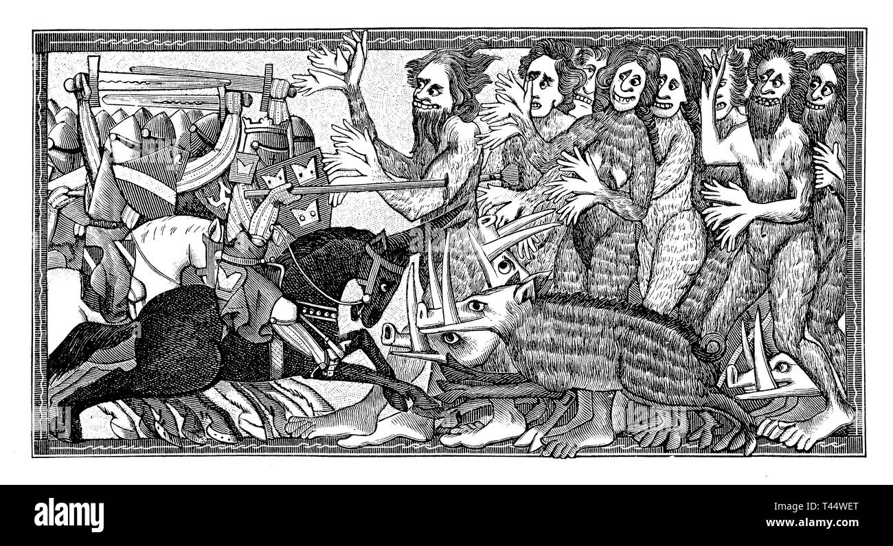 Alessandro il Grande nella battaglia contro animali fantastici e uomo-like creature, dopo una miniatura del XIII secolo Foto Stock