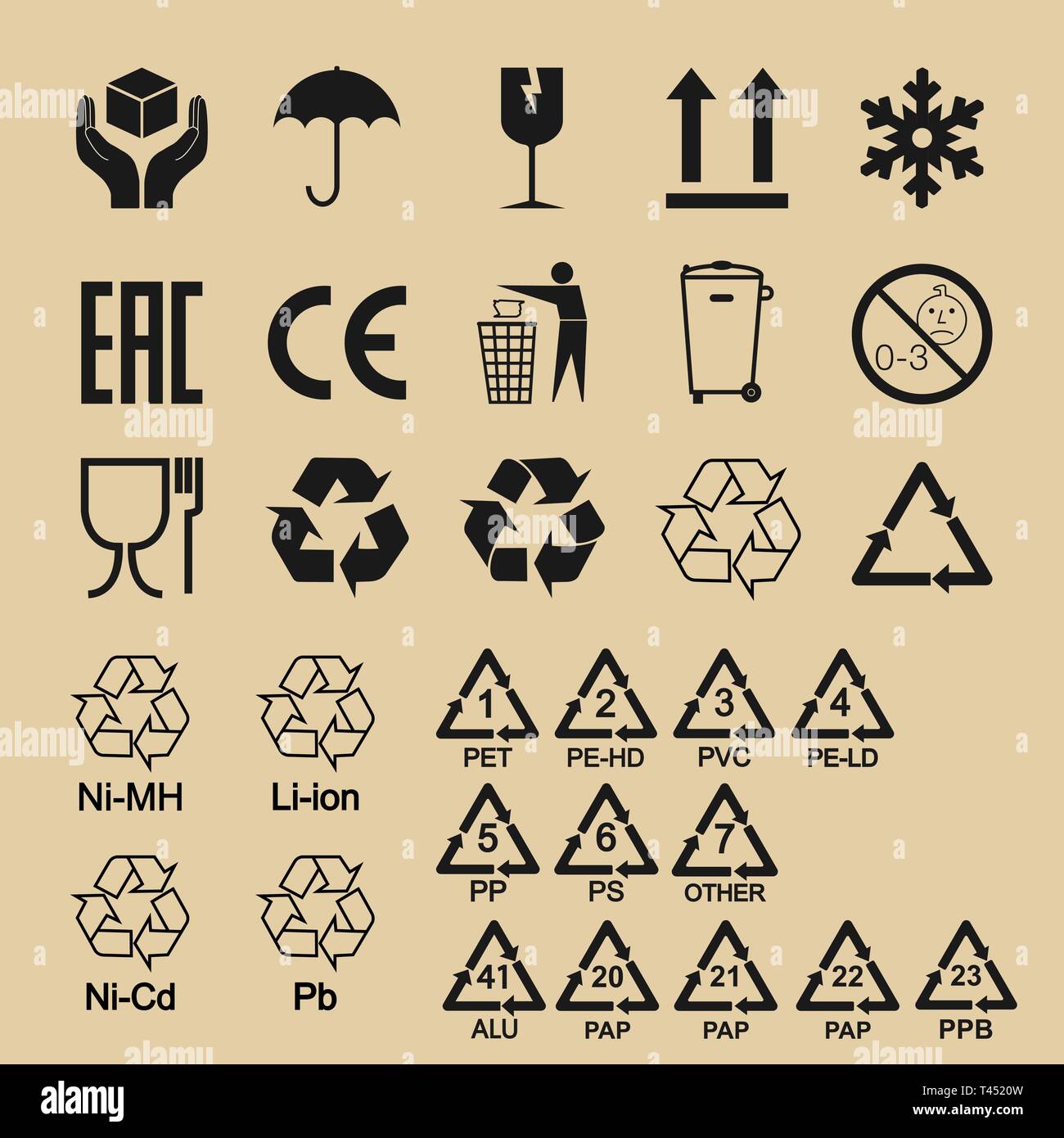 Icone di confezionamento, pacchetto set di segni. Illustrazione Vettoriale, design piatto. Illustrazione Vettoriale