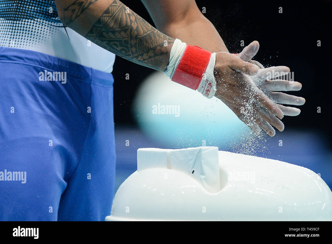 Visto ginnasta sulla preparazione prima che il cavallo durante la routine di apparecchiatura finali di 8 Campionati Europei di Ginnastica Artistica (giorno 4) Foto Stock