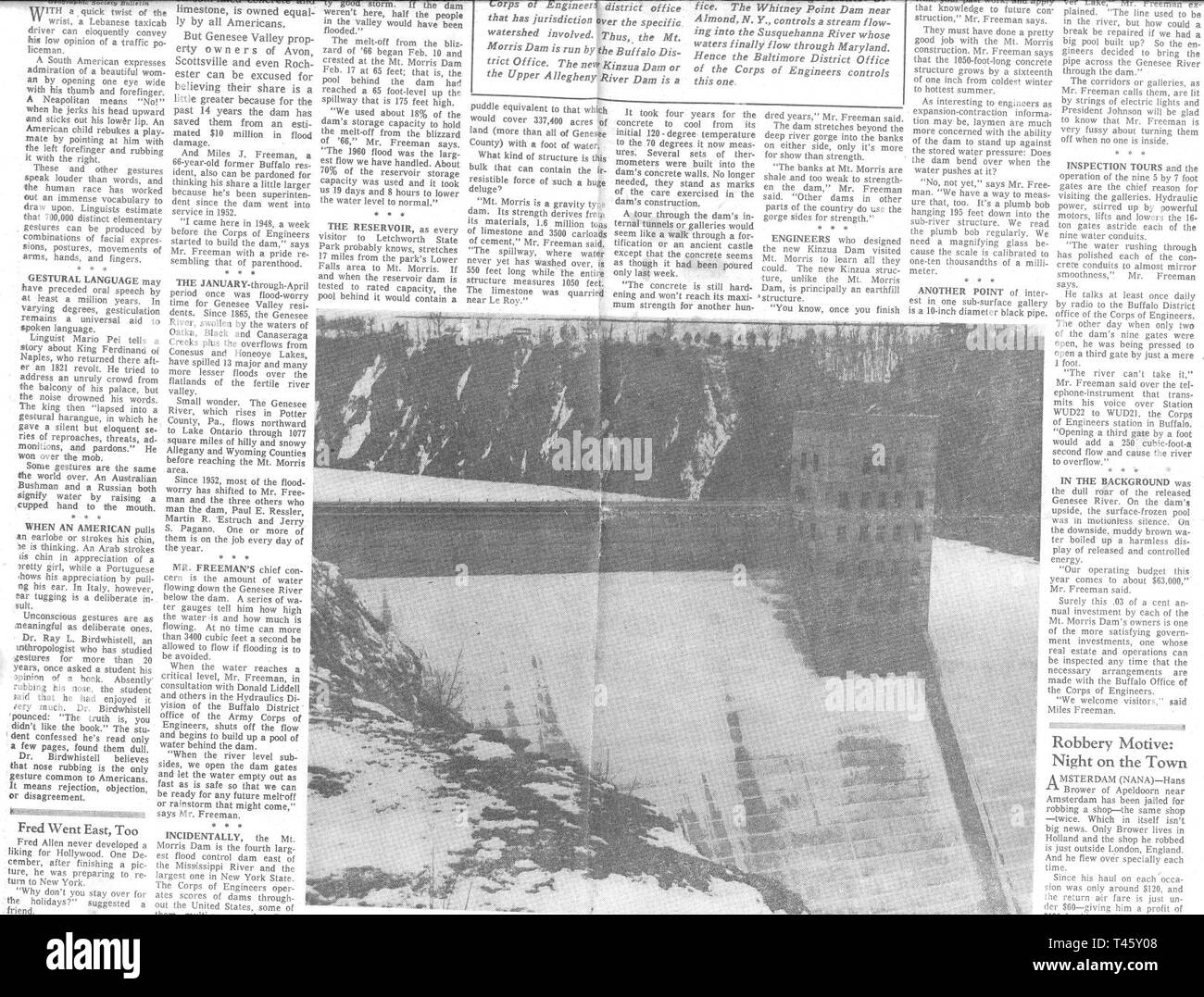 Buffalo Evening News Magazine, sabato 19 marzo, 1966: "Mt. Morris, lo Stato più grande del controllo di inondazione Dam" da Bob acquirente miglia J. Freeman era il Mount Morris Dam's Chief Operator dalla sua costruzione nel 1952 fino al suo pensionamento nel 1980. Senza la sua esperienza decennale e cura il potere distruttivo di madre natura avrebbe provocati disastri nella vita di innumerevoli Genesee Valley residenti. Foto Stock