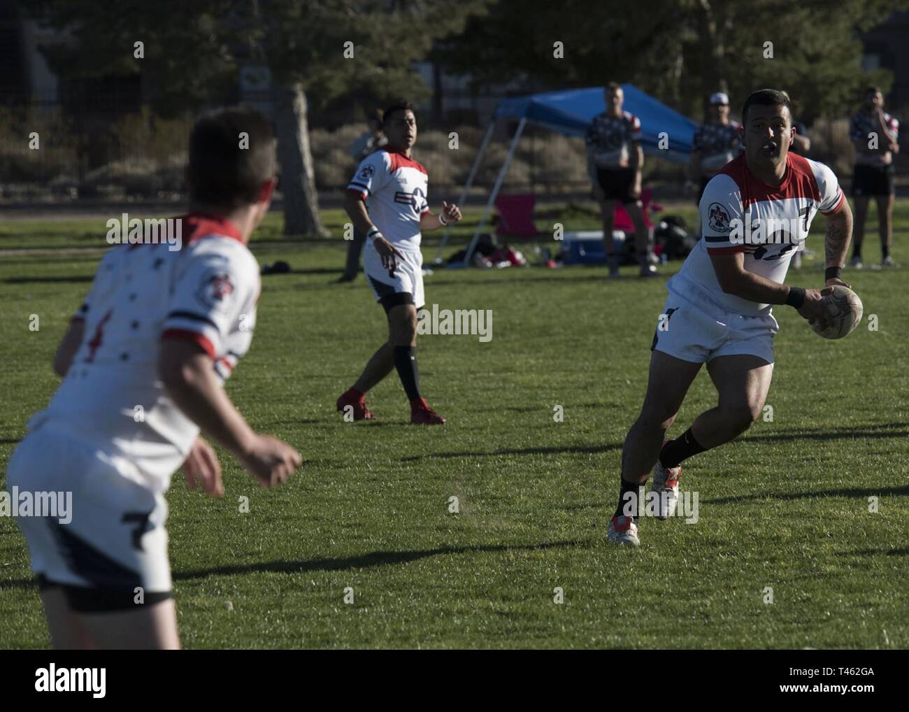 Stati Uniti Air Force fantasmi giocare nella loro ultima partita del giorno a Las Vegas Invitational a Las Vegas 28 Febbraio, 2019. Il USAF fantasmi programma ha vinto otto Forze Armate campionati di Rugby prima della transizione a squadre di sette giocatori. Foto Stock