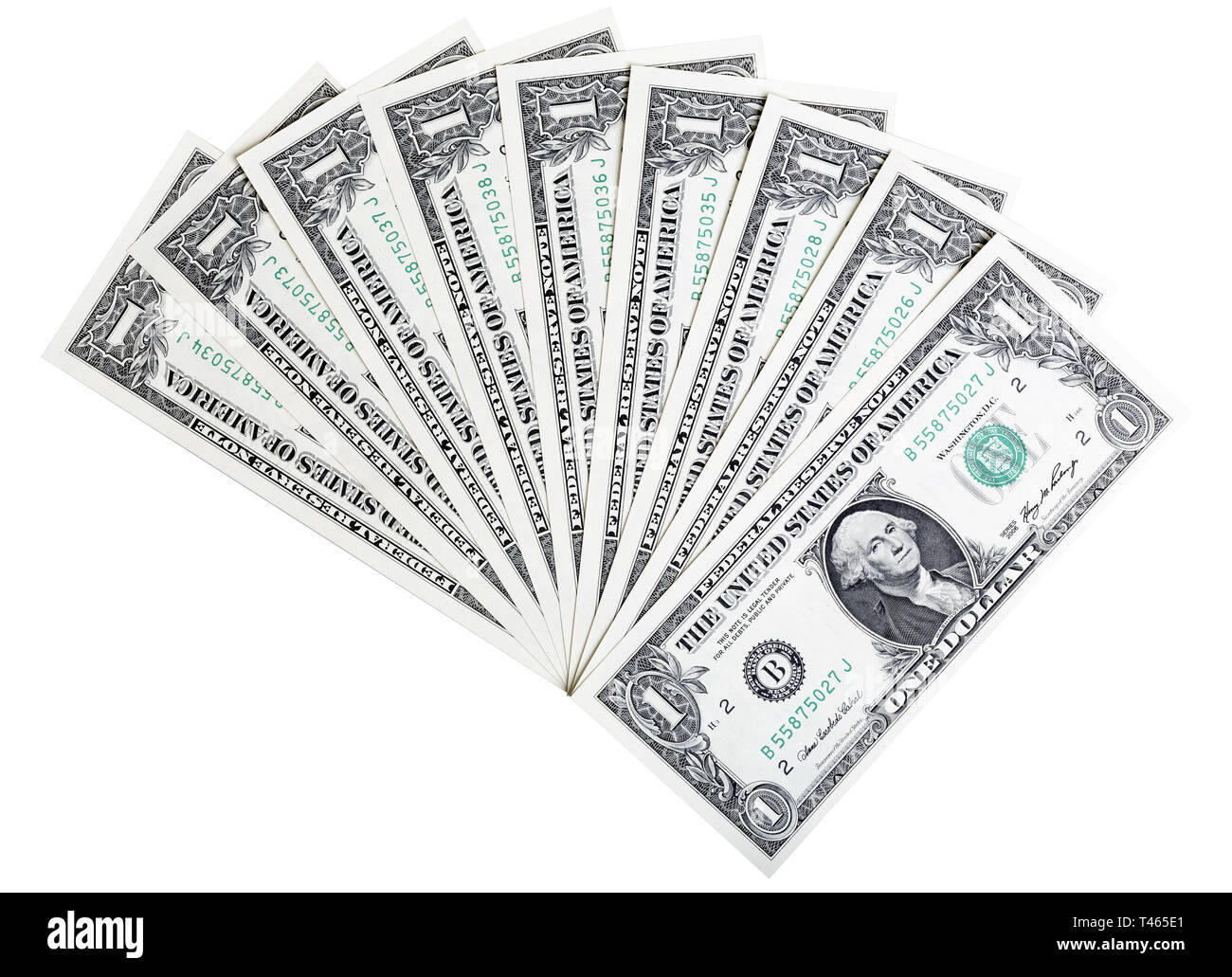 Denaro American Dollar Bills isolato su bianco. Foto Stock