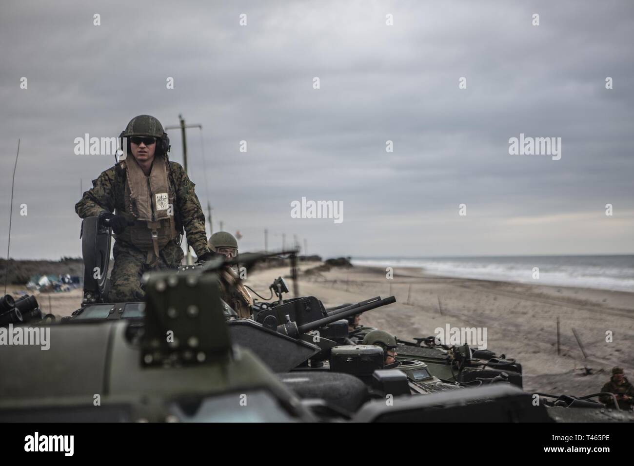 Stati Uniti Marines con il secondo assalto anfibio Battaglione, 2° Divisione Marine (2dMarDiv), prepararsi per una nave-banchina in movimento il loro assalto veicoli anfibi (AAV-P7/A1) sulla spiaggia di Onslow, N.C., 3 marzo 2019. I marines riferirono passando dalla nave-shore nell'AAV-P7/A1 per efficacemente il personale di trasporto e mantenere la Combat Readiness in caso di un assalto anfibio il funzionamento. Foto Stock