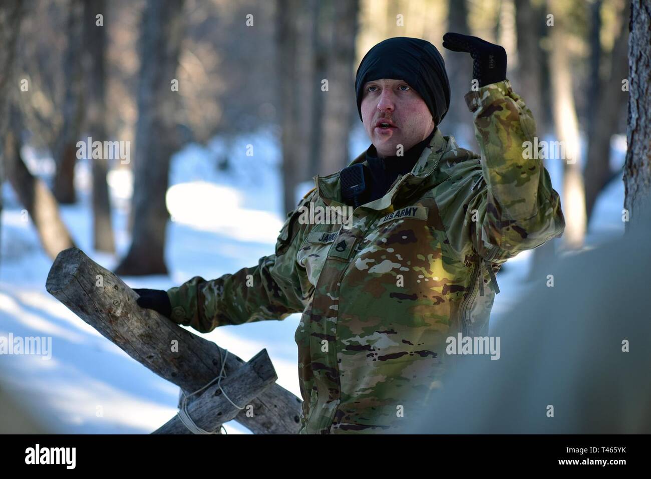 Il personale Sgt. Andrew Janka, Guerra del Nord Centro formazione istruttore, spiega come fabbricare un improvvisato riparo termico per il Freddo leader 19-004 del corso gli studenti alla guerra del nord del centro di formazione di Black Rapids Sito di formazione Marzo 3, 2019. Il freddo in corso i Leader squadra treni- e plotone di dirigenti di livello in le conoscenze e le competenze necessarie per svolgere con successo le piccole operazioni unitarie in un freddo, coperto di neve e ambiente. L accento è posto sugli effetti del freddo sul personale e materiale, uso di basic freddo di abbigliamento e attrezzature, campo invernale craft, escursioni con le racchette da neve un Foto Stock