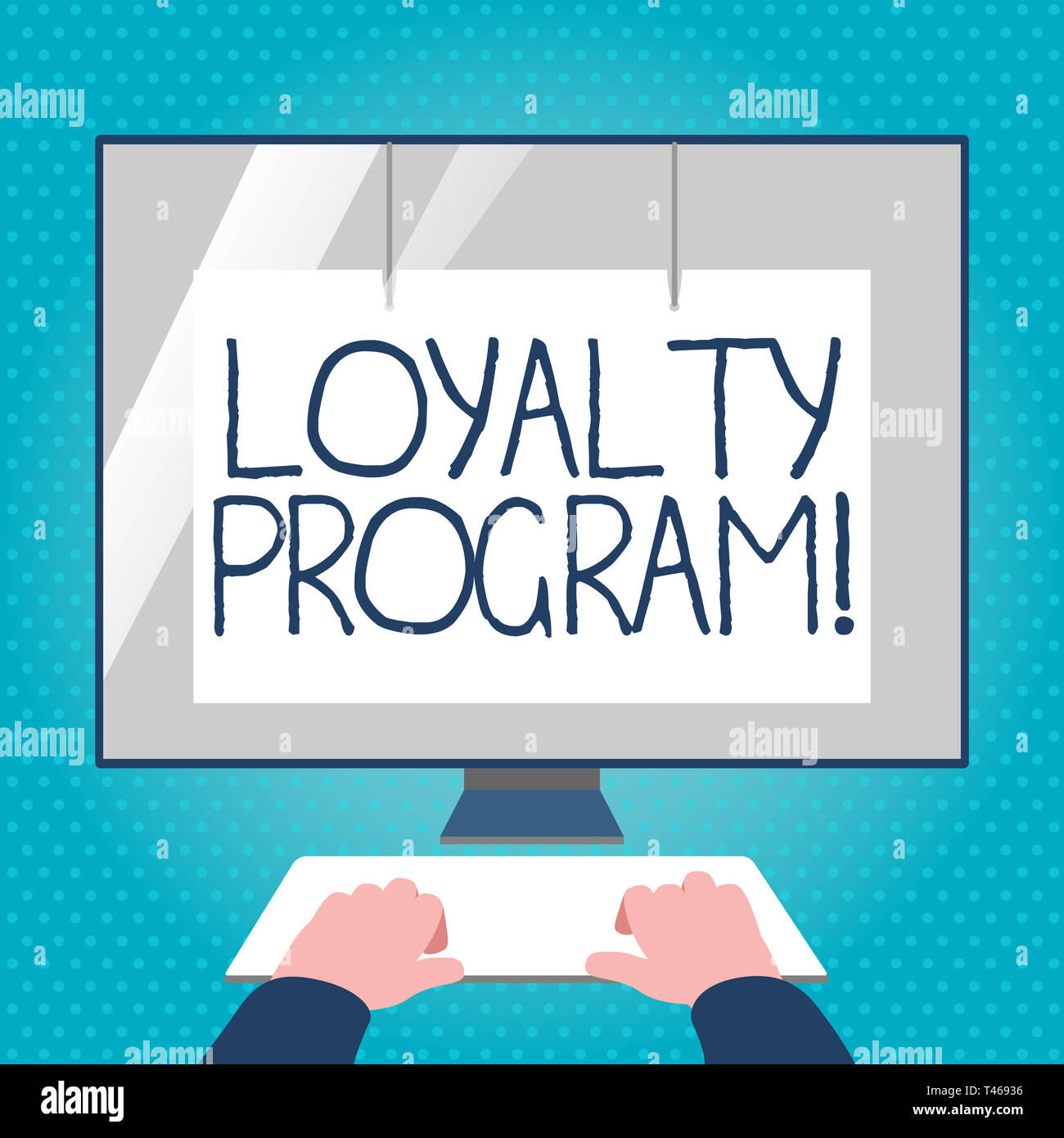 Segno di testo che mostra il programma di fidelizzazione. Business photo testo marketing strutturato offre incentivi ai clienti abituali mani su Mockup parte anteriore della tastiera di Bla Foto Stock