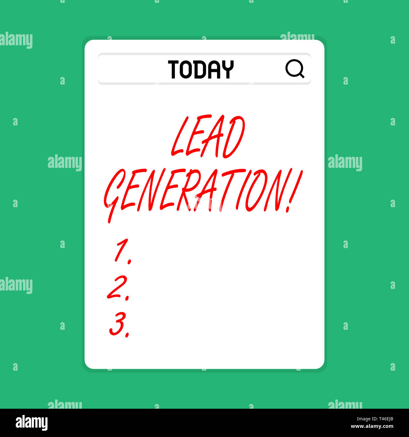 Testo della scrittura di Lead Generation. Foto concettuale processo identificando e coltivare i potenziali clienti una barra di ricerca con icona della lente di ingrandimento foto Foto Stock