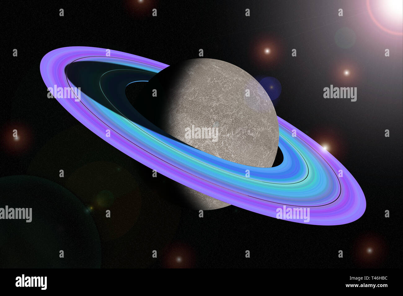 Elaborazione al computer di Saturno nello spazio con vari dettagli di luce e stelle Foto Stock