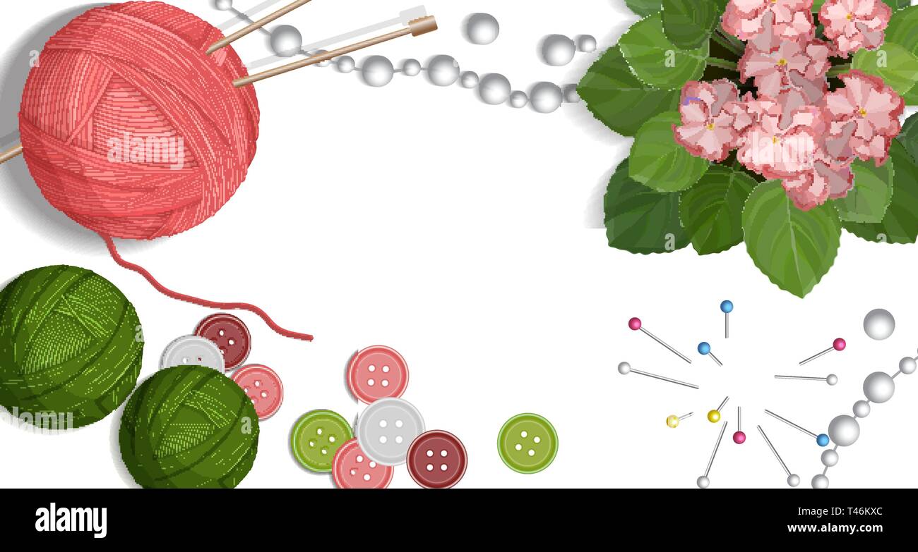 Tabella colorati con prodotti artigianali fatti a mano per la maglieria e accessori per il cucito illustrazione vettoriale Illustrazione Vettoriale