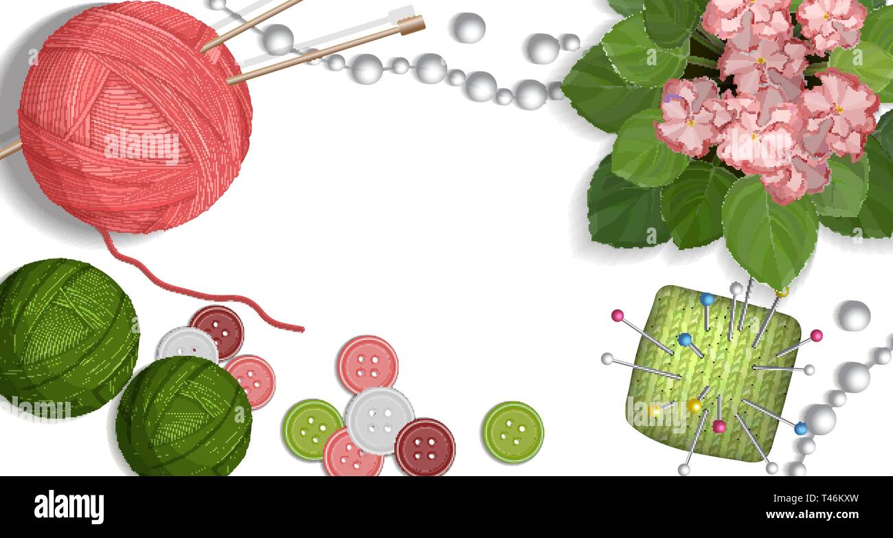 Tabella colorati con prodotti artigianali fatti a mano per la maglieria e accessori per il cucito illustrazione vettoriale Illustrazione Vettoriale