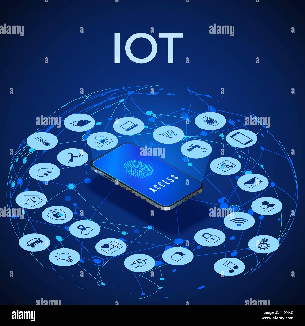 IOT concetto isometrica. Digital ecosistema globale. Il monitoraggio e il controllo da parte dello smartphone. Illustrazione Vettoriale Illustrazione Vettoriale