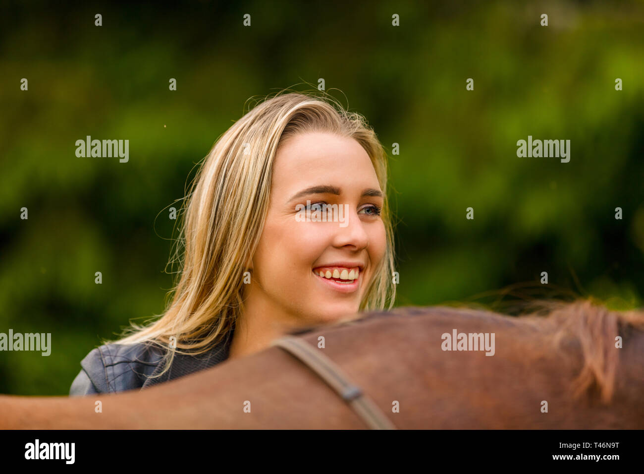 Close-up di donna sorridente pacche il suo cavallo arabo con erba del campo Foto Stock