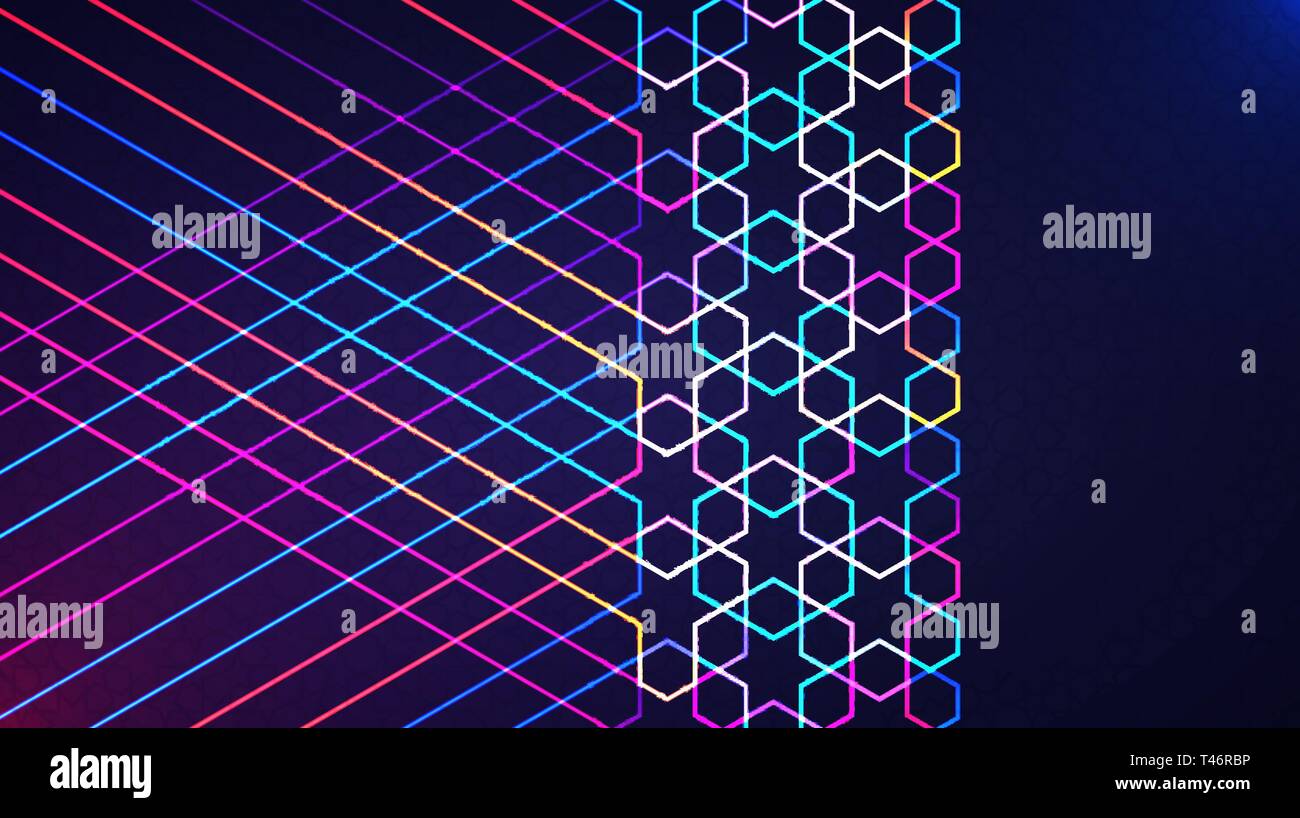 Eid Mubarak poster, un banner o un biglietto di auguri design. Illustrazione Vettoriale di astratta sfondo luminoso con neon incandescente geometrico modello islamico Illustrazione Vettoriale