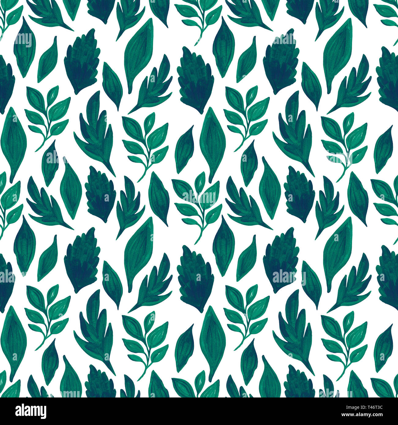 Modello senza giunture foglie verdi ramo bianco su sfondo isolato. Dipinto a mano withwatercolor. Botaniche set floreali Foto Stock