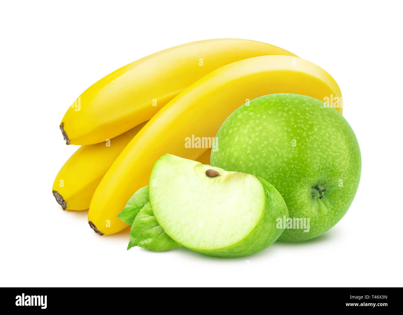 Banana e mela isolati su sfondo bianco Foto Stock