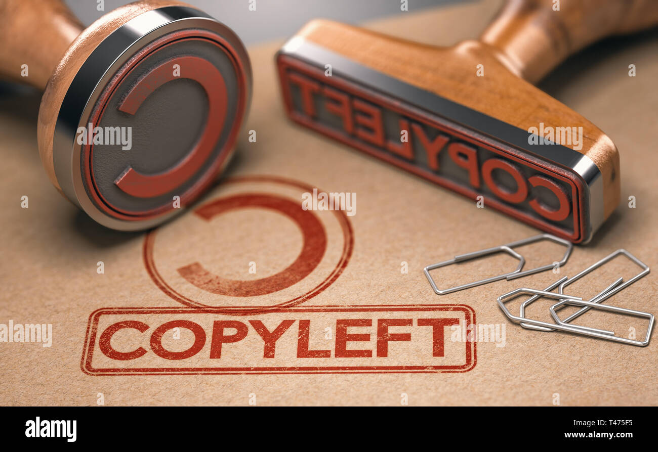 3d'illustrazione di due timbri in gomma con simbolo di copyleft e il testo stampato su carta marrone Foto Stock