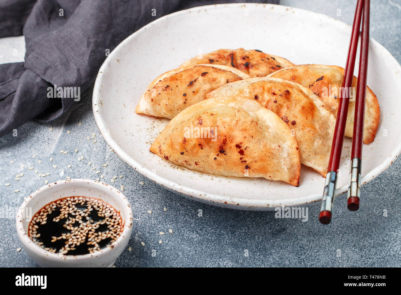 Gnocco fritto di carne (manzo, maiale) o frutti di mare, cavolo e spezie in una piastra bianca con salsa di soia e semi di sesamo. Tradizionale cibo asiatico. L'J Foto Stock