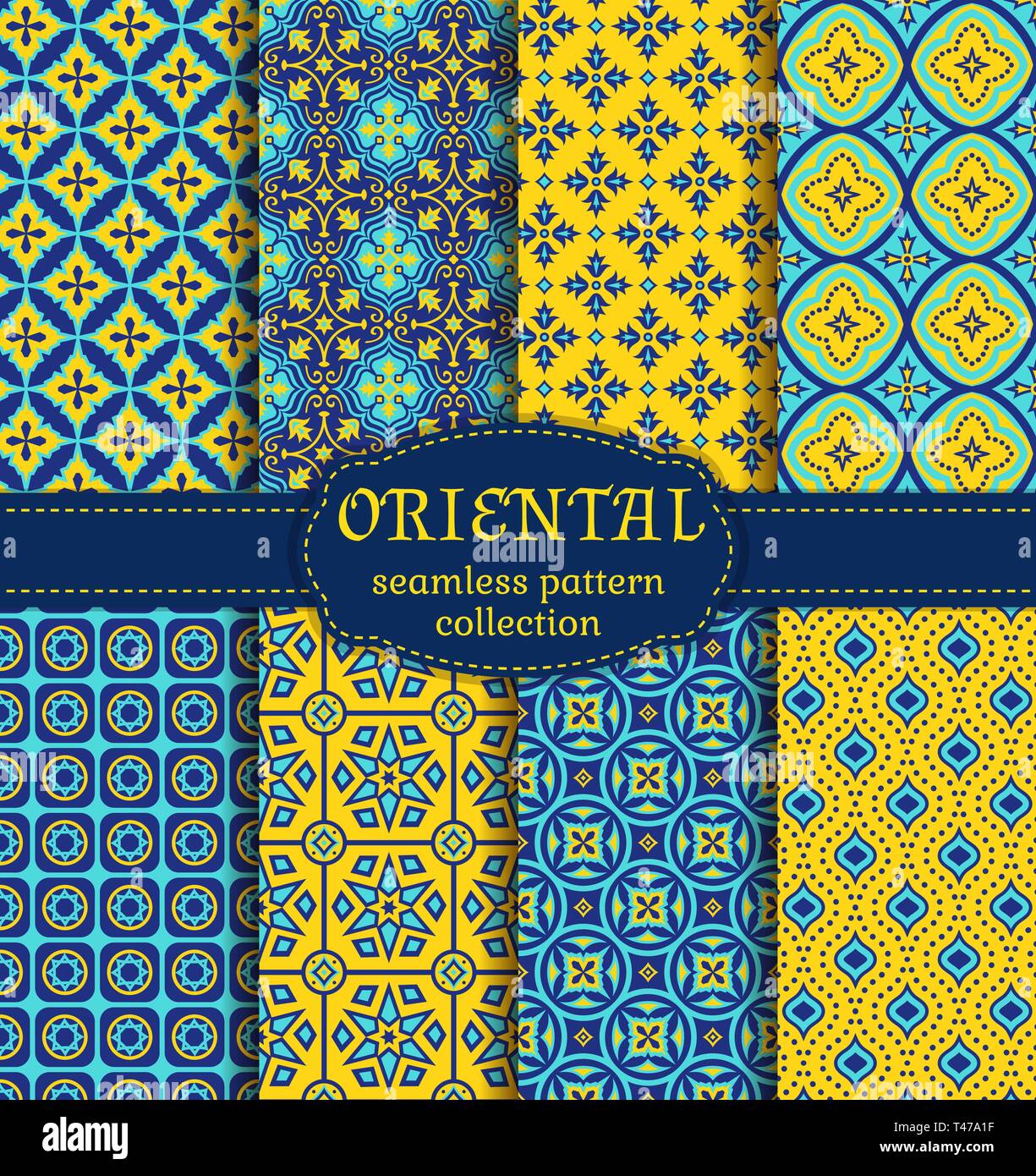 Orientale modelli senza giunture. Impostare in blu indaco e colori di giallo. Colorata collezione di stilizzata ornamenti orientali. Vettore sfondi astratti. Illustrazione Vettoriale