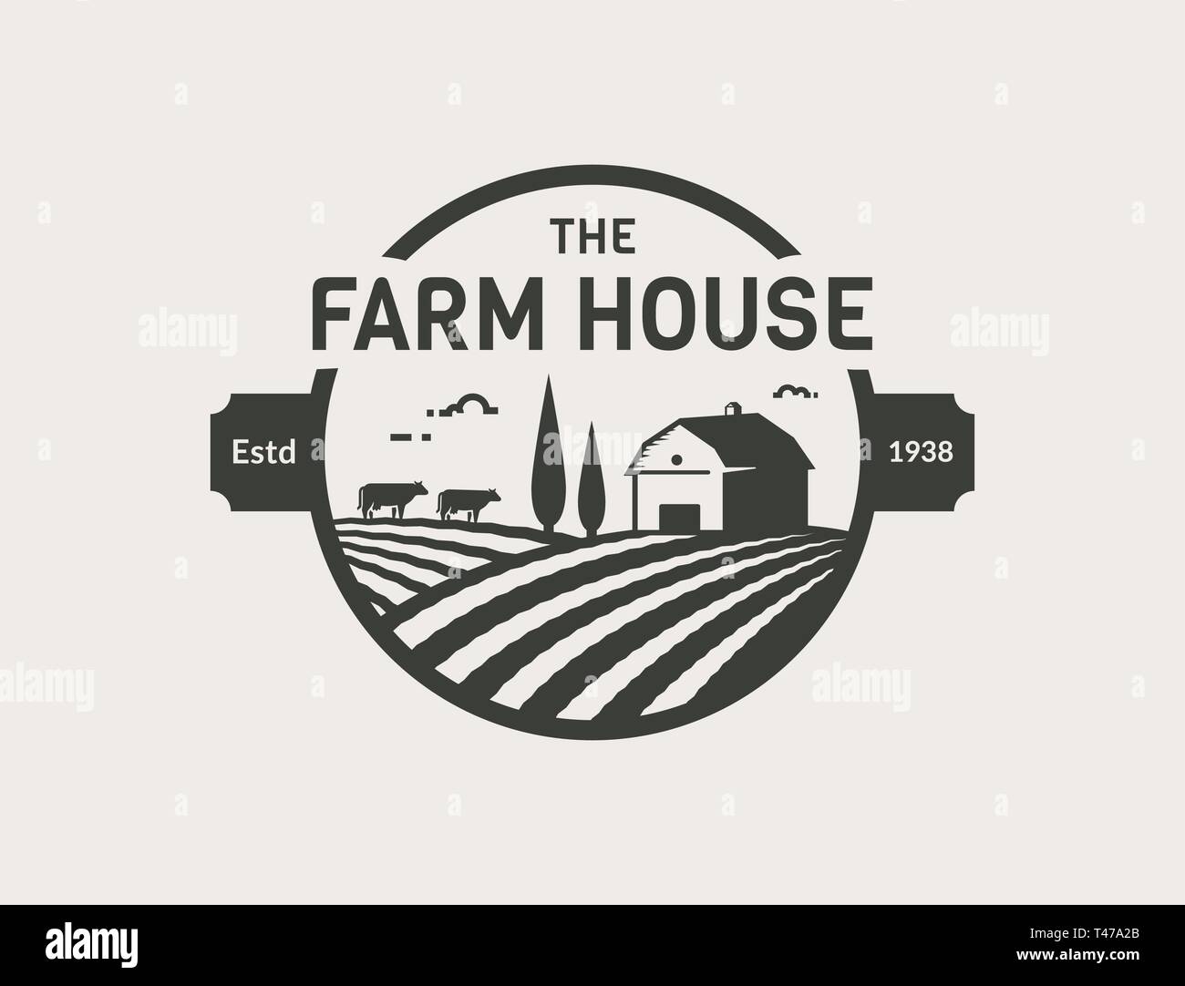 Agriturismo Casa isolata del logo su sfondo bianco. Emblema di nero con casa colonica, vacche e i campi per la naturale prodotti di fattoria. Illustrazione Vettoriale. Illustrazione Vettoriale