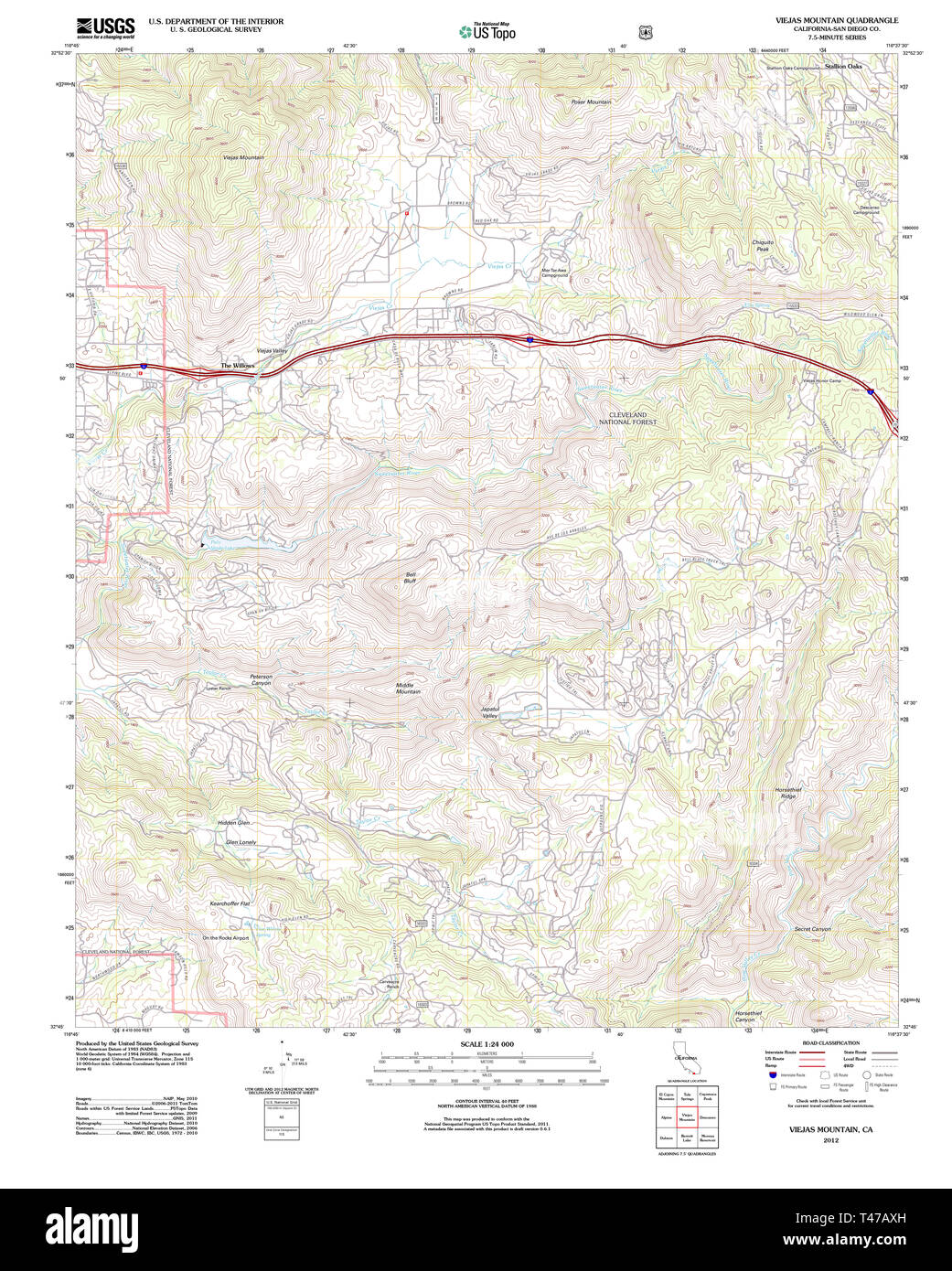 USGS TOPO Map California CA Viejas Mountain 20120405 TM il restauro Foto Stock