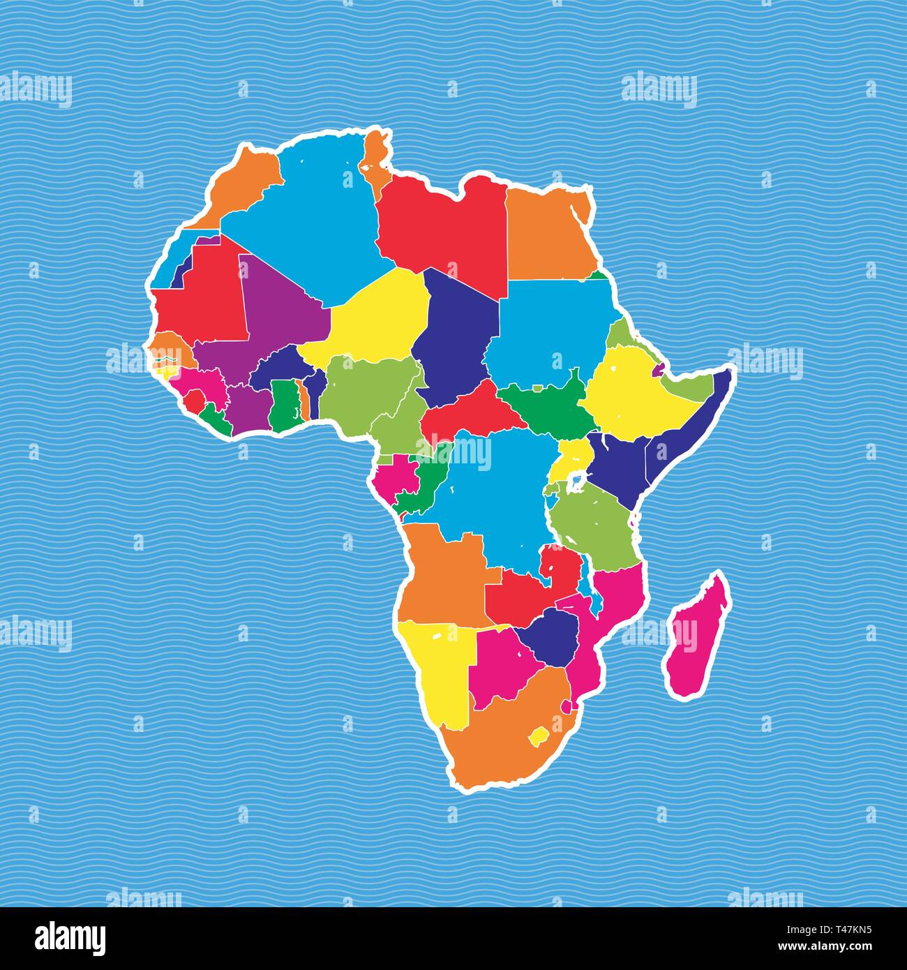 Africa mappa politico. Mappa colorati separati su onda blu sullo sfondo dell'acqua. Illustrazione Vettoriale