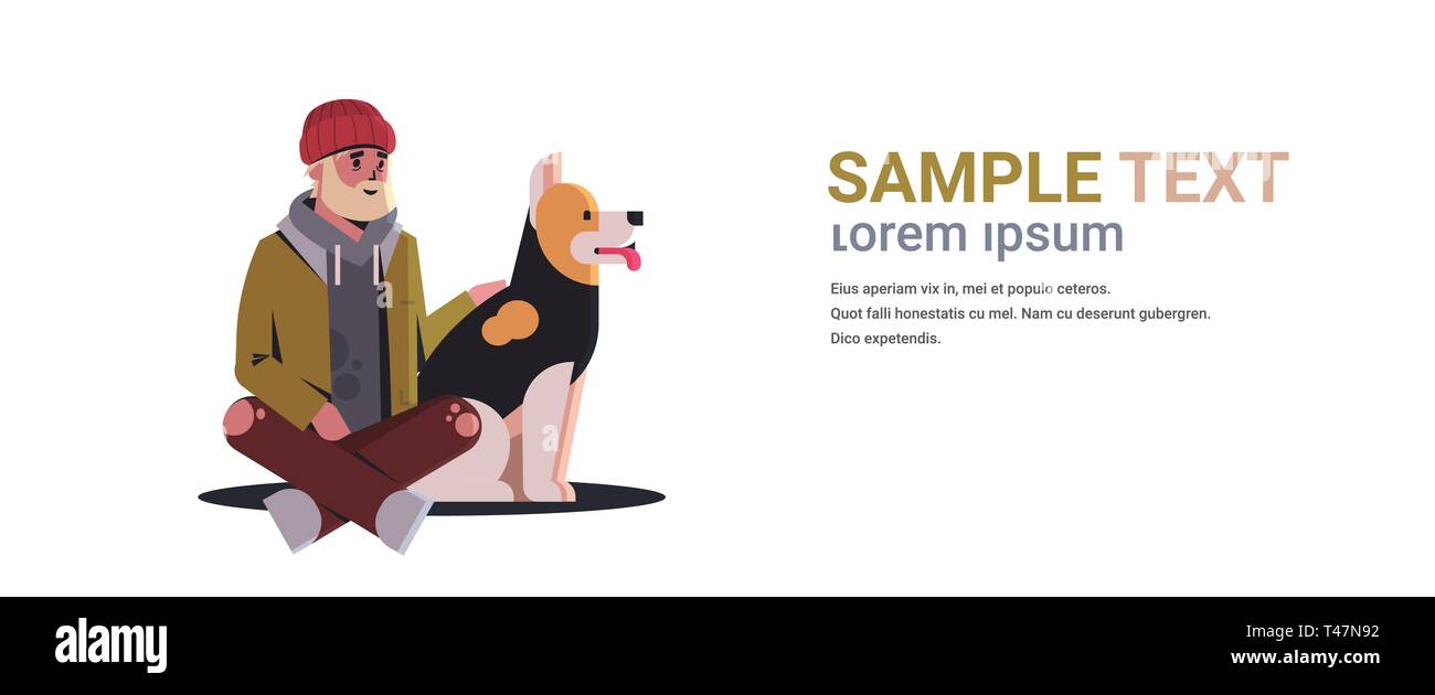 Povero uomo barbuto seduto con il cane mendicante guy abbracciando animale migliore amico senzatetto disoccupati concetto sfondo bianco orizzontale di lunghezza completa Illustrazione Vettoriale