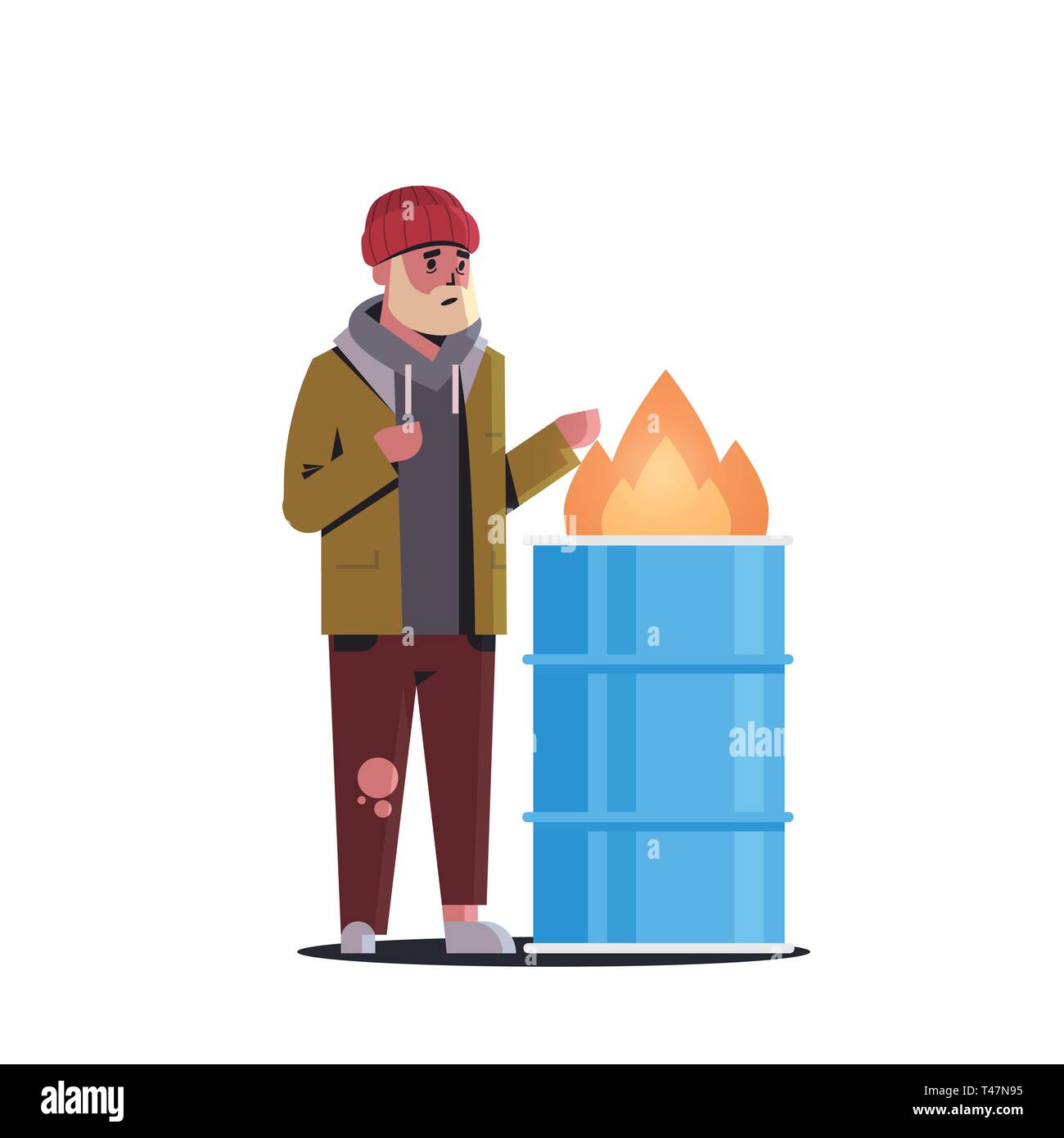 Povero uomo barbuto riscaldando le mani dal fuoco mendicante guy standing vicino a bruciare rifiuti nel barile senzatetto disoccupati concetto sfondo bianco a piena lunghezza Illustrazione Vettoriale