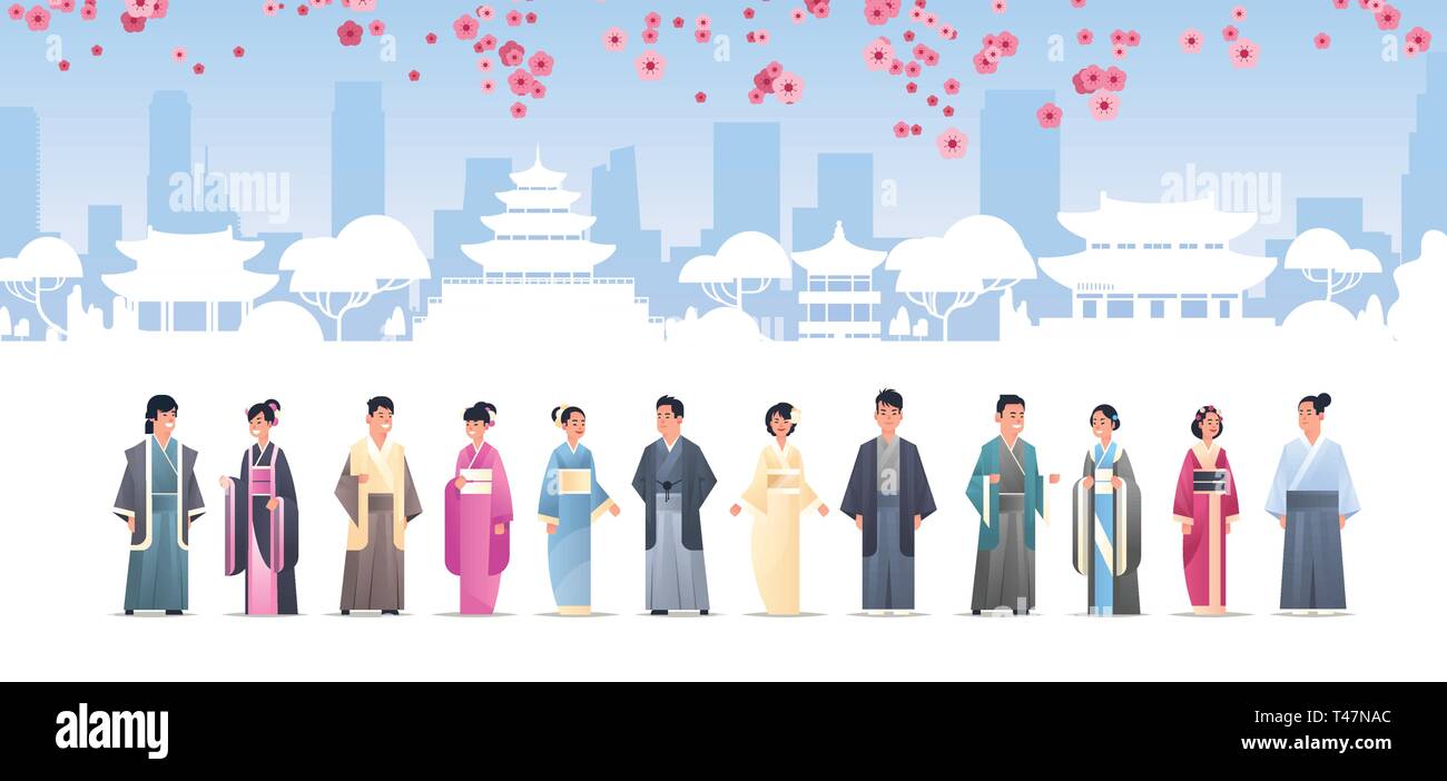 Popoli asiatici grroup in abiti tradizionali uomini donne che indossano costumi antichi assieme in cinese o giapponese i caratteri in edifici pagoda Illustrazione Vettoriale