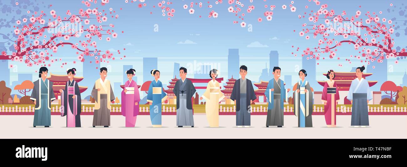 Popoli asiatici grroup in abiti tradizionali uomini donne che indossano costumi antichi assieme in cinese o giapponese i caratteri in edifici pagoda Illustrazione Vettoriale