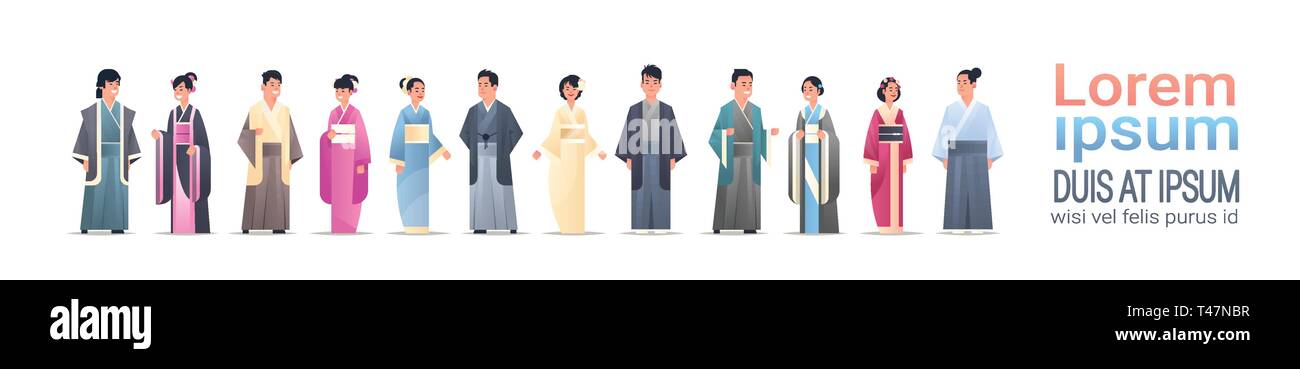 Impostare asian uomini donne che indossano abiti tradizionali persone nazionali nel costume antico posa permanente in cinese o giapponese maschio femmina i personaggi dei cartoni animati Illustrazione Vettoriale