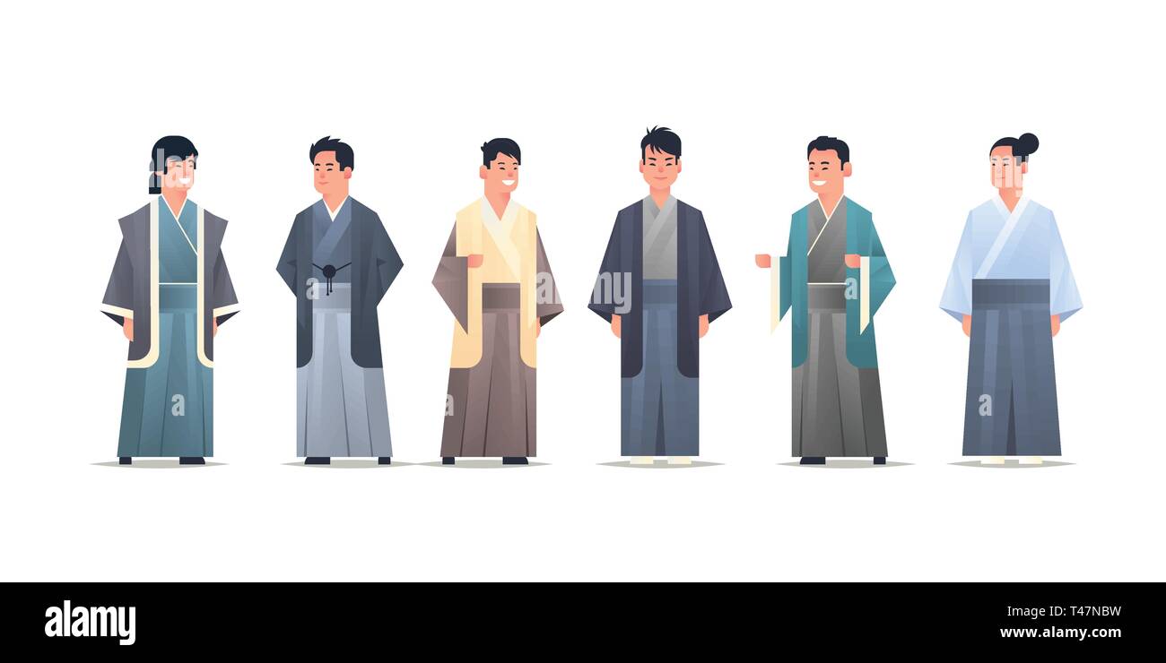 Impostare ragazzi asiatici indossando abiti tradizionali uomini sorridenti nella legislazione nazionale in materia di antichi costumi in piedi pongono in cinese o giapponese maschio di personaggi dei cartoni animati pieno Illustrazione Vettoriale
